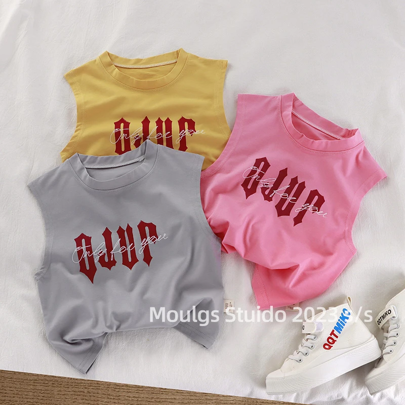 儿童夏季无袖背心糖果色简约外穿圆领T恤男女宝洋气时尚宽松1-9岁