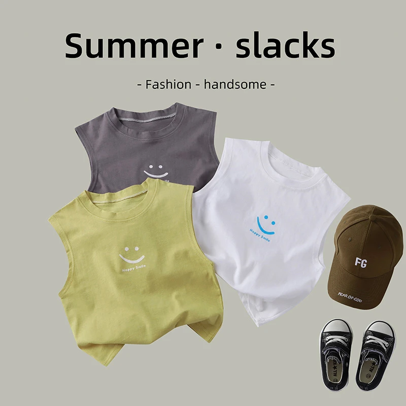 儿童夏季纯棉无袖背心百搭简约圆领T恤笑脸薄款洋气时尚宽松1-9岁