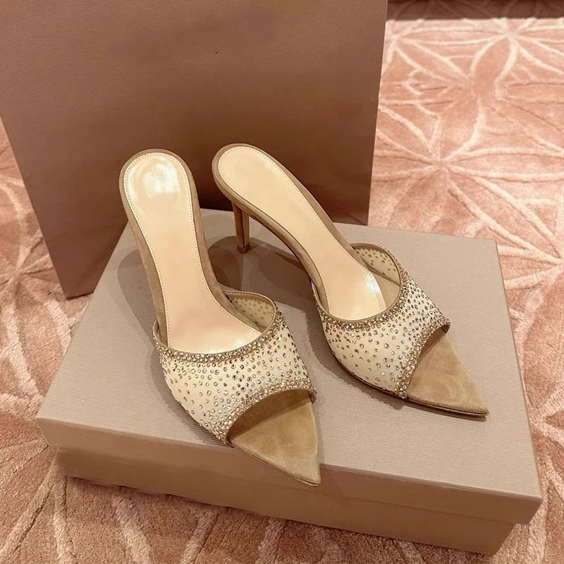 网红凉鞋女夏季外穿2025年新款细跟尖头绝美高跟鞋露趾水钻凉拖鞋