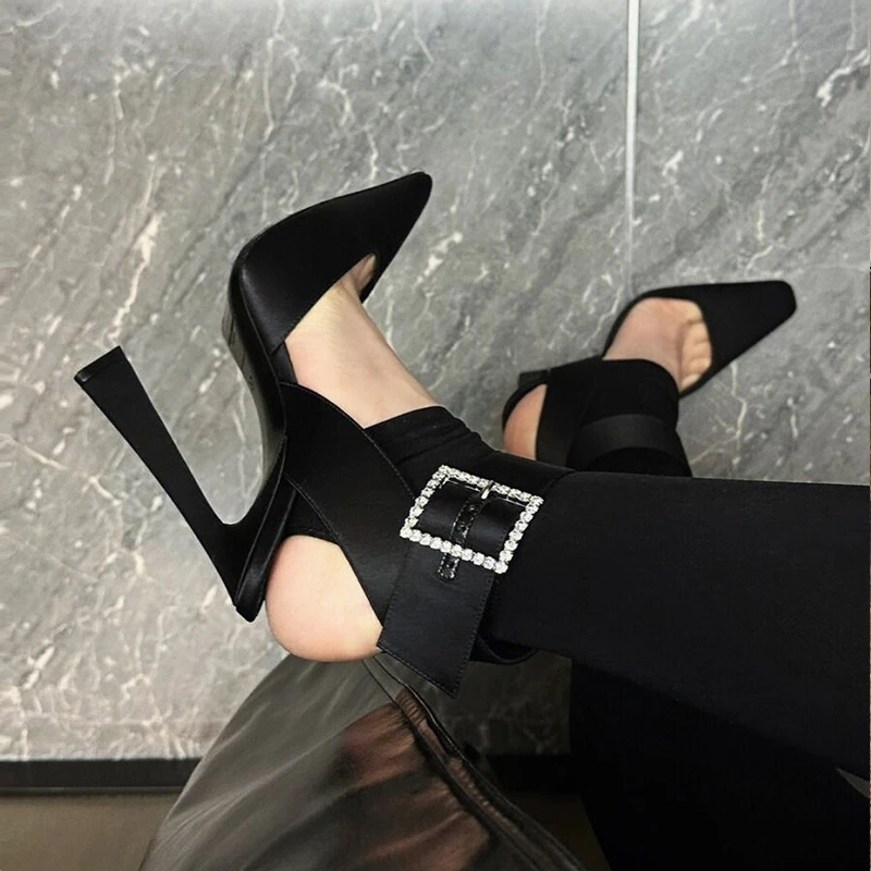 2025春夏新款气质方头黑色高跟鞋女丝绸水钻洋气方扣包头凉鞋细跟