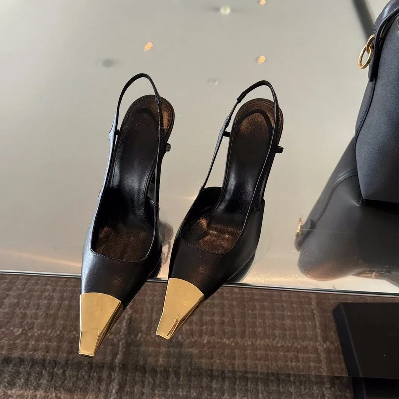 黑色高跟鞋女2025年春夏新款方头细跟后空百搭性感凉鞋金属头单鞋