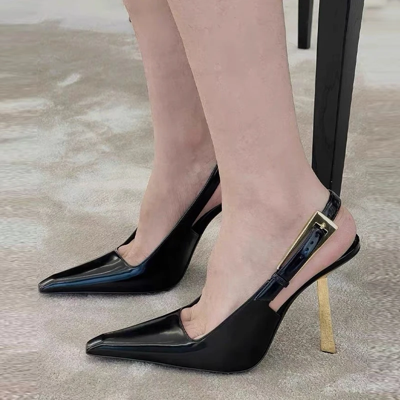 2025年百搭新款黑色高跟鞋细跟娜扎同款气质漆皮性感单鞋包头凉鞋