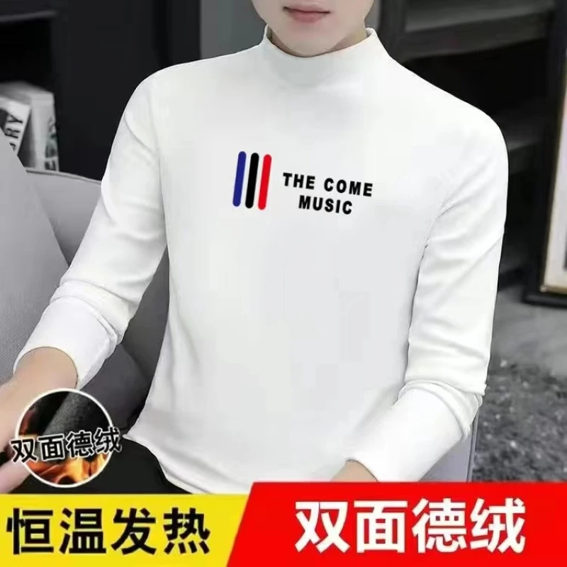 秋冬男士宽松双面德绒半高领打底衫印花长袖体恤保暖百搭上装秋衣