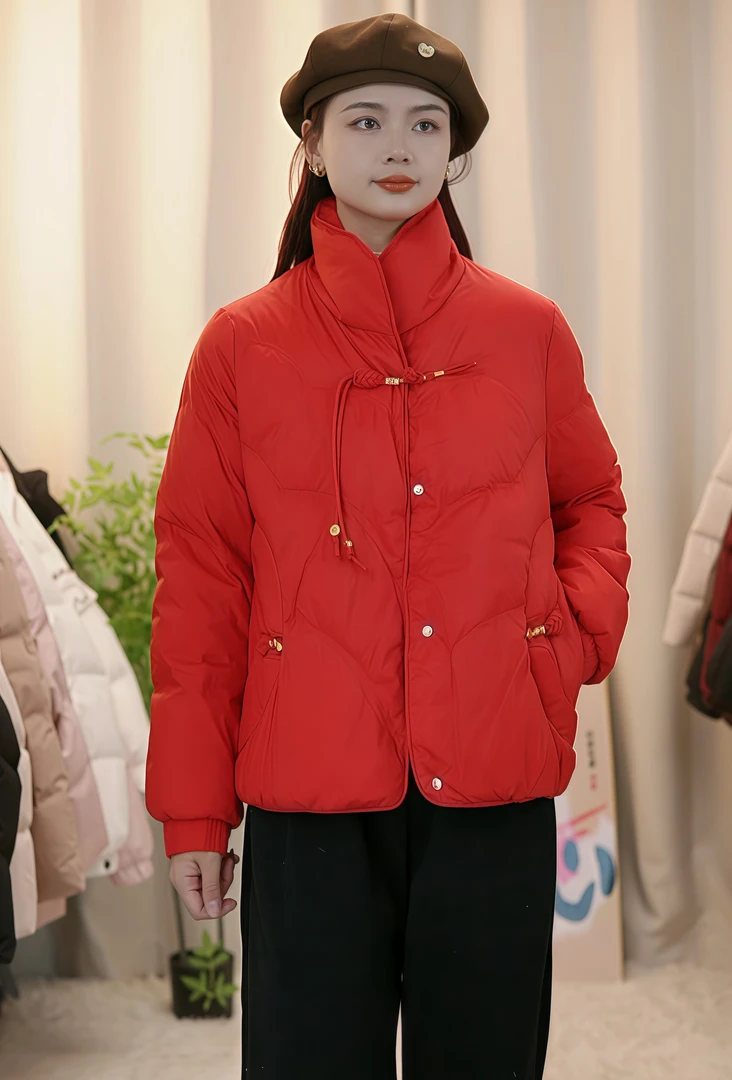 短款白鸭绒羽绒服女2024冬季小个子中式香风妈妈轻薄加厚红色外套