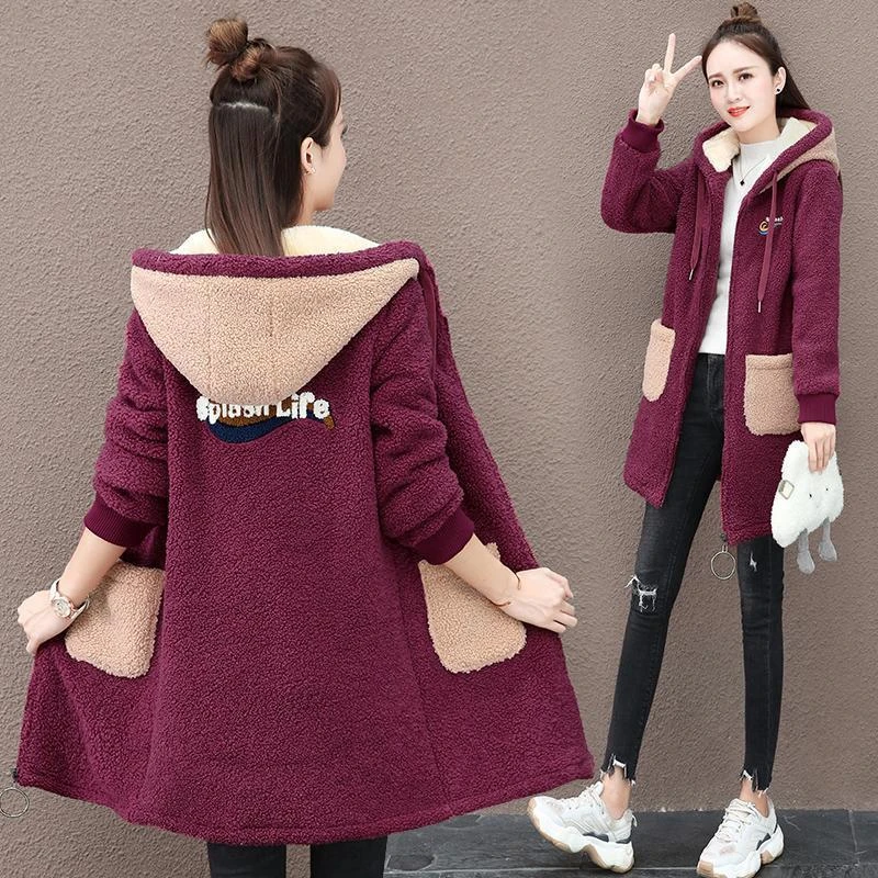 2024秋冬新款韩版中长款加绒加厚羊羔绒外套女卫衣休闲连帽大衣潮