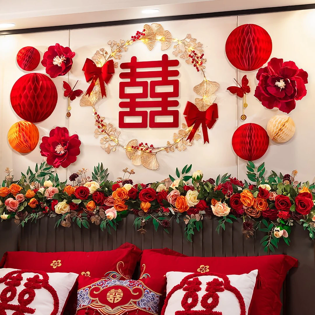 【喜喜优选】婚房装饰布置女方卧室男方新房间蜂窝球结婚高级感