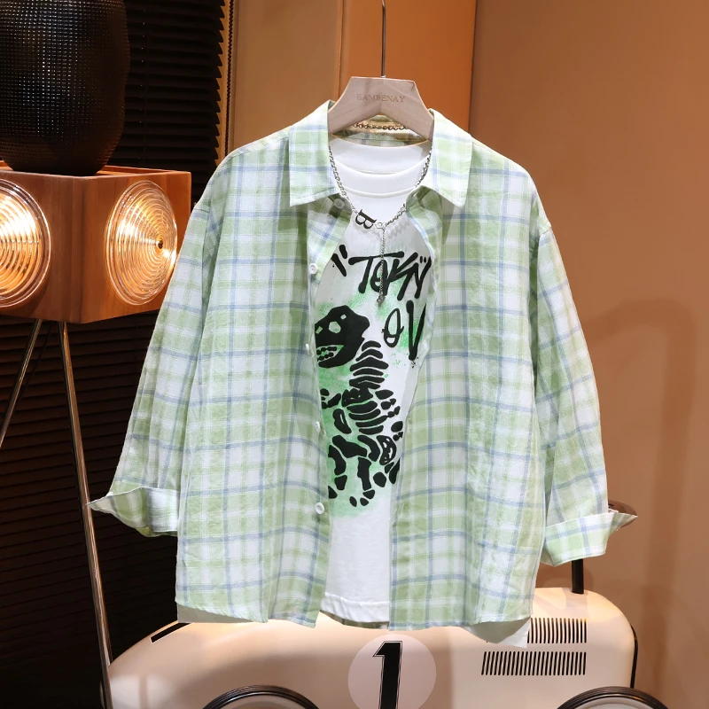 【现货】男童纯棉防晒衬衫夏装中长款格子开衫中大童衬衣C1725