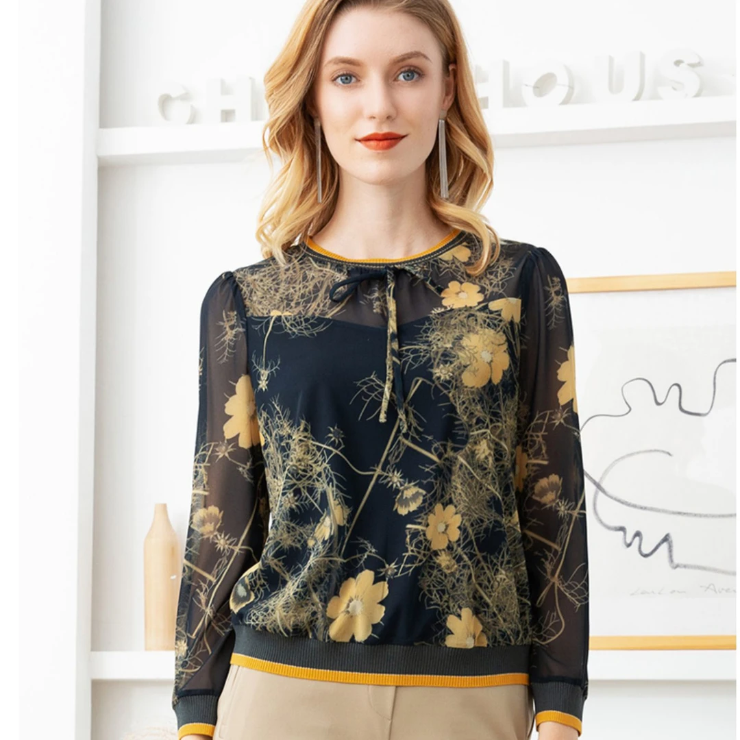 【金色刺玫】2024夏秋两季新款长袖宽松系带印花舒适t恤上衣