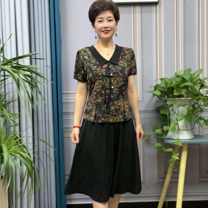 妈妈装显瘦时尚夏季连衣裙洋气中老年女装遮肉假两件中长款裙子
