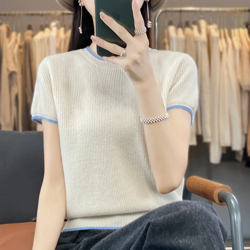 初秋新款韩版拼色圆领女士全羊毛套头半袖宽松显瘦通勤针织衫短袖