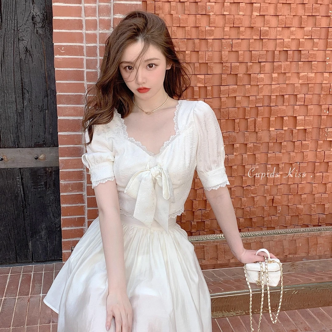 csk丘比特 无人区玫瑰 宫廷暗花蝴蝶结上衣女超仙的蕾丝花边小衫