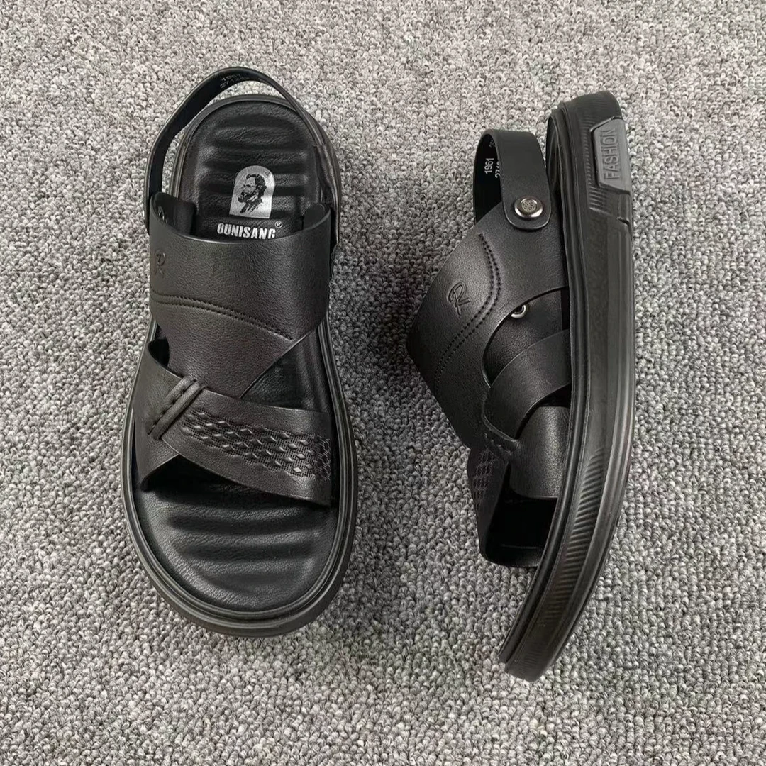 男士时尚百搭沙滩鞋夏季百搭凉鞋真皮拖鞋两用舒适休闲露趾外穿鞋