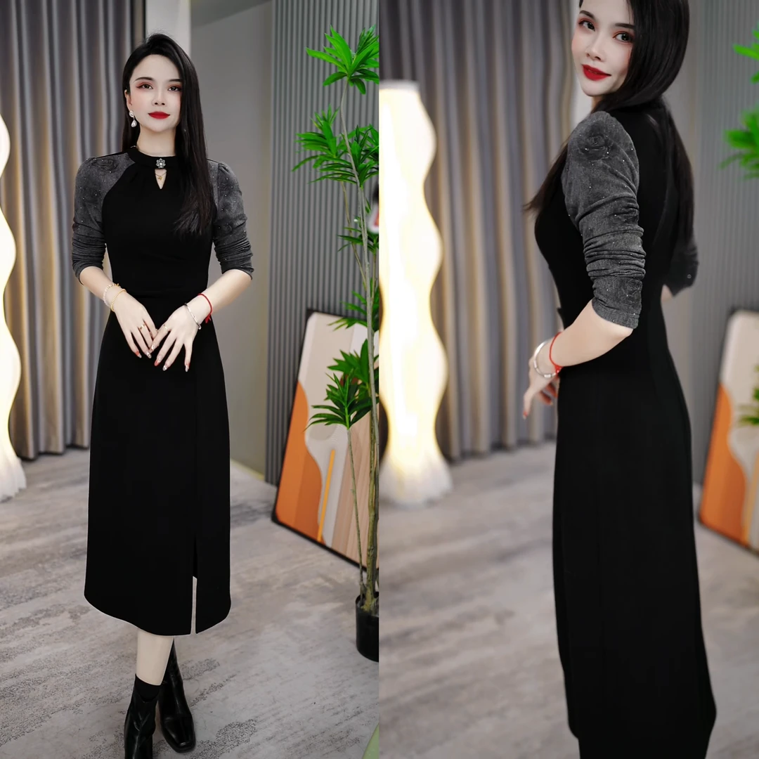 2024秋冬款气质长袖时尚黑色修身显瘦打底女装连衣裙M-4XL