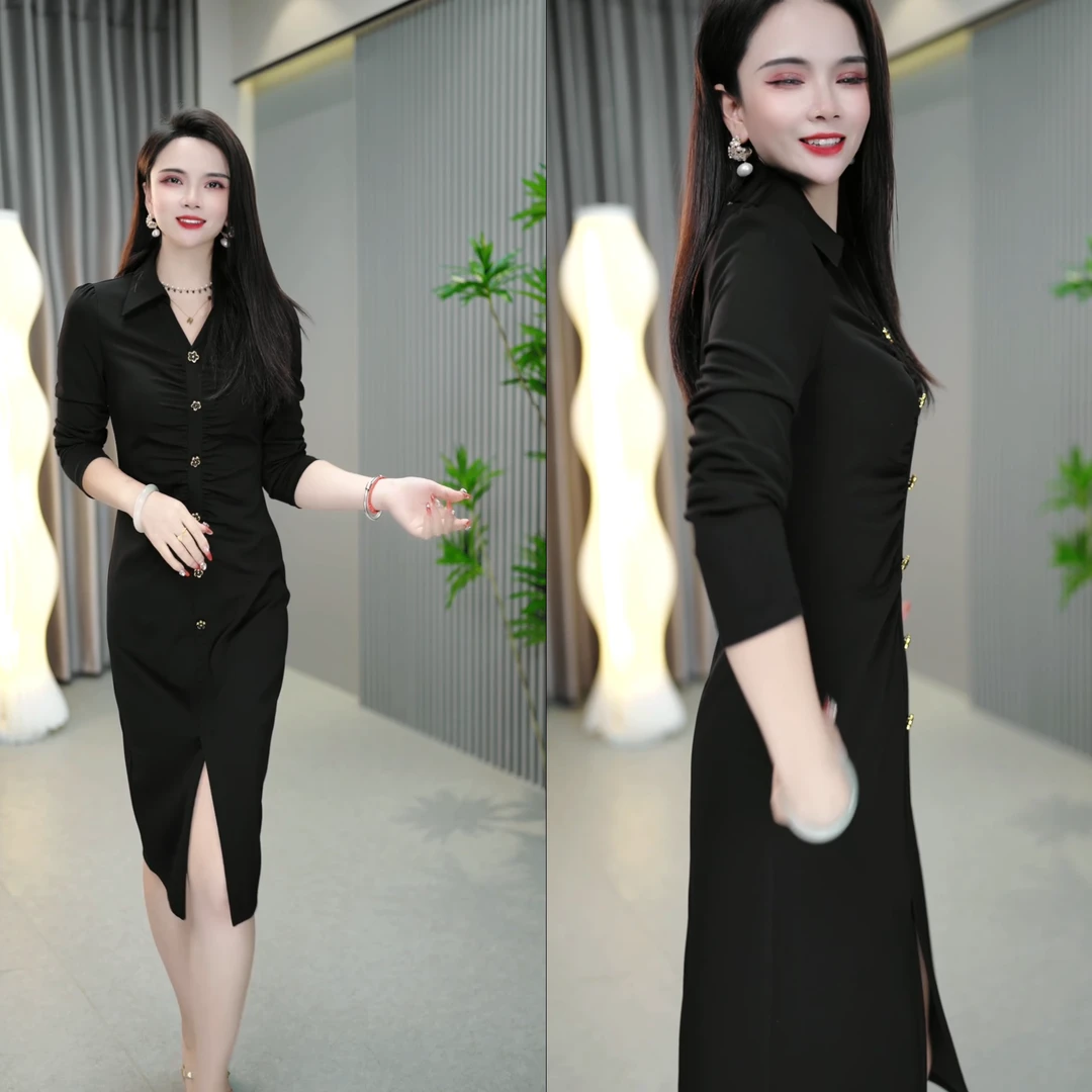 2024秋季时尚新款修身名媛收腰黑色长袖女神范女装连衣裙M-4XL