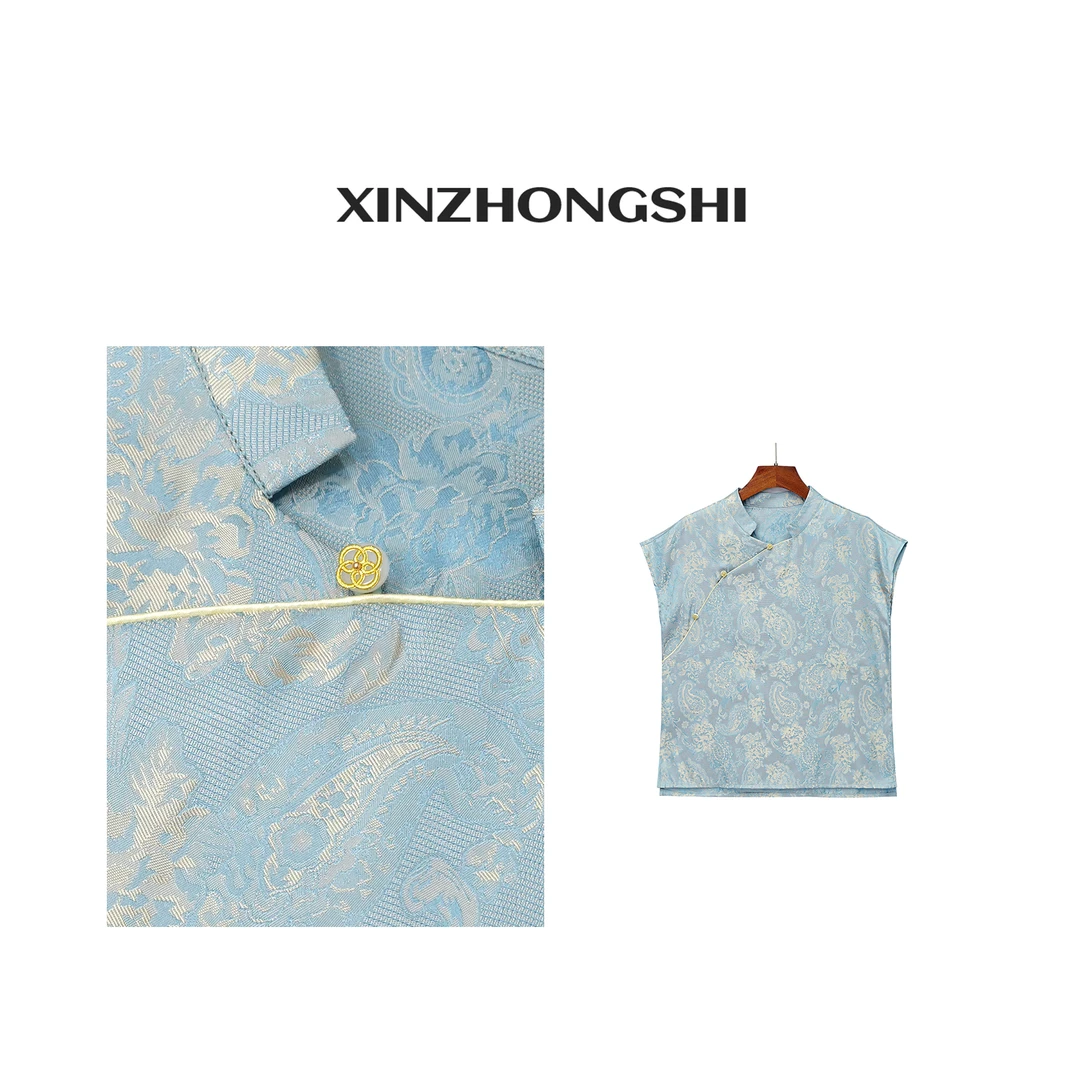 （凤尾）新中式2024夏季新款气质百搭立领短袖提花上衣FB24070302