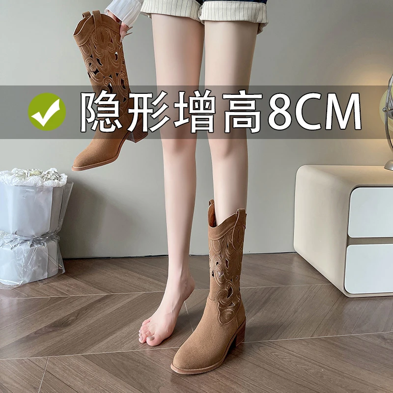 复古棕色靴子女夏款尖头夏季镂空西部牛仔靴小个子内增高马丁靴女