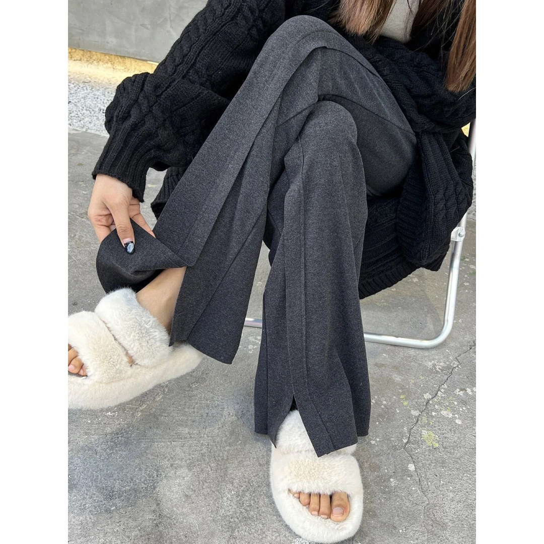灰色阔腿裤女春秋冬季德绒软糯高腰垂感开叉裤子休闲直筒拖地长裤