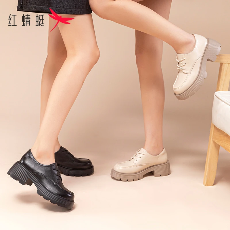 红蜻蜓春秋时尚休闲百搭厚底高跟圆头浅口单鞋女款2025新款爆款