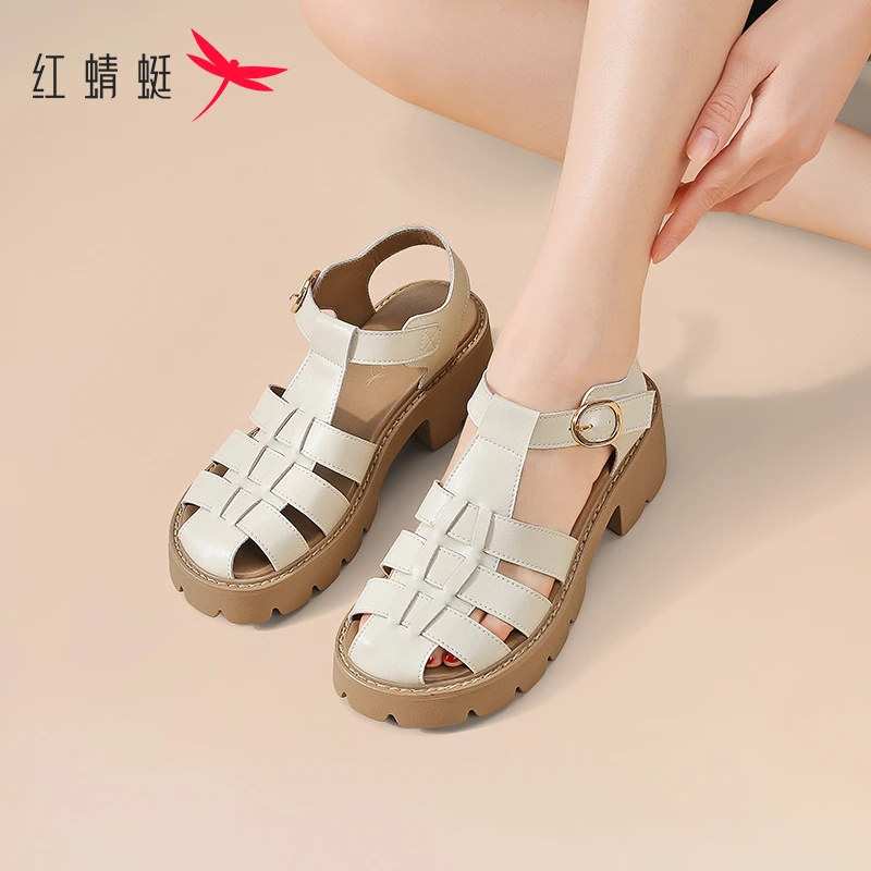 红蜻蜓罗马凉鞋厚底粗跟透气百搭轻奢夏季镂空低帮纯色防滑