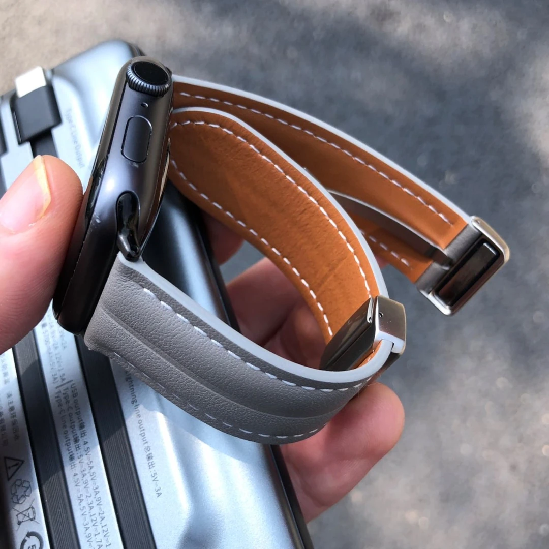 磁吸扣适用苹果手表iwatch表带s87654柔软真皮s1/2/3代皮革 T62
