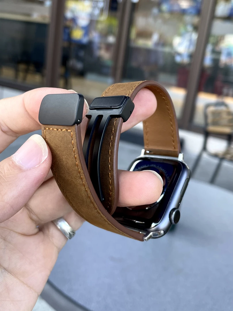 kake疯马皮适用苹果手表iwatch表带真皮s98全皮磁吸扣Ultra钛合金
