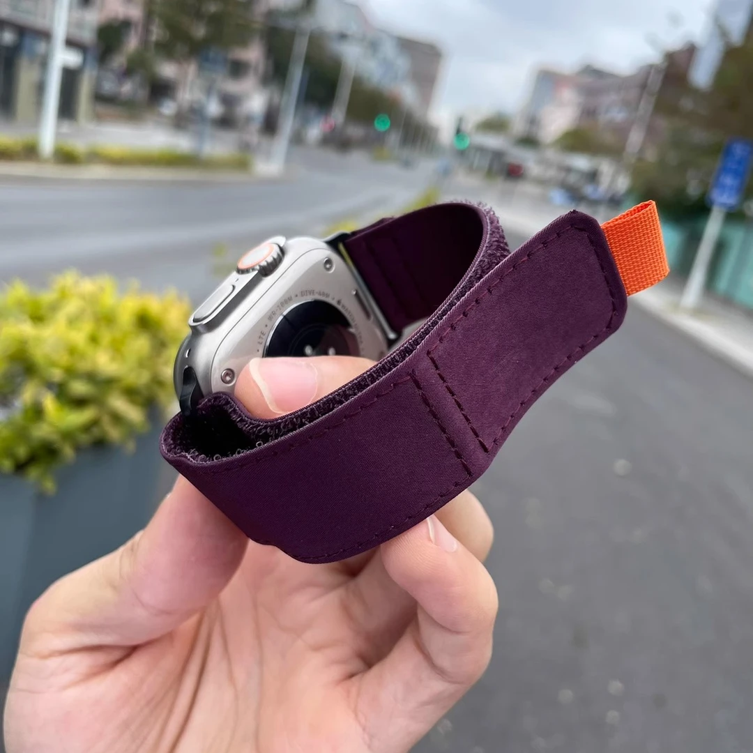 卡客 魔术贴适用苹果Ultra表带iwatch尼龙布s987手表带酒红宽回环