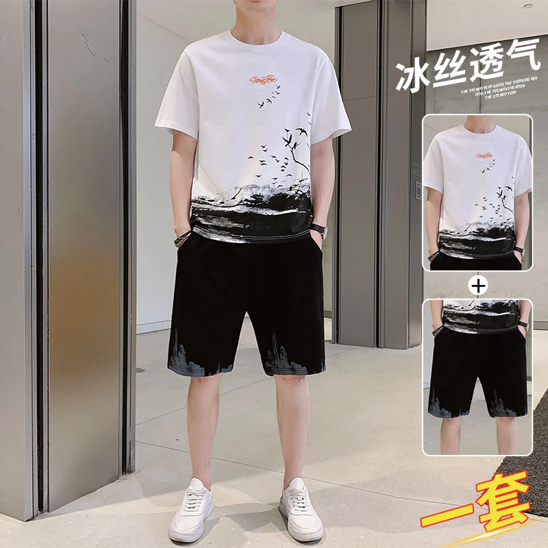 【冰感一整套】短袖t恤休闲运动套装男士夏季薄款潮牌帅气男生衣服