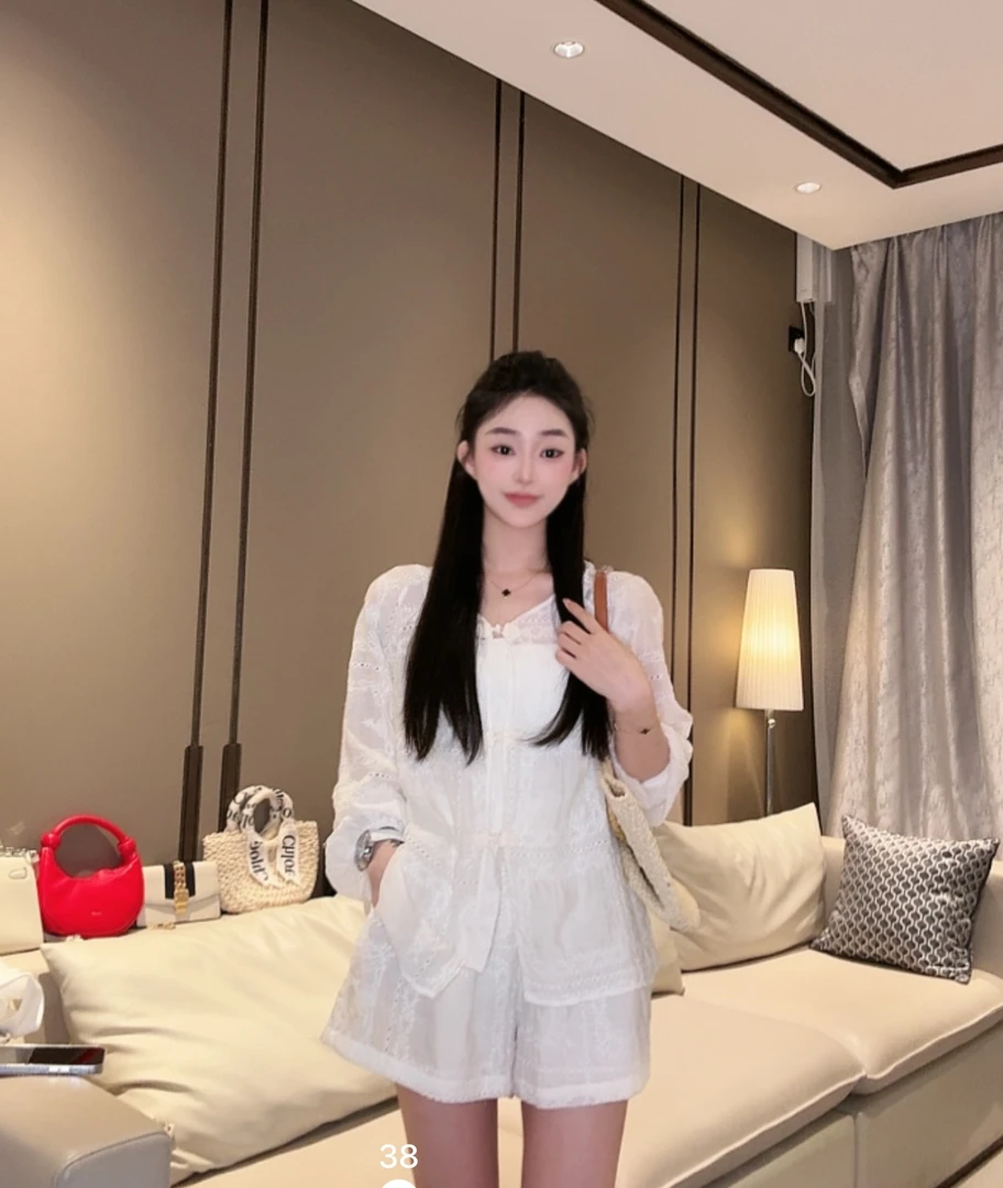 新中式国风套装女设计感防晒衬衫+松紧腰短裤超仙两件套