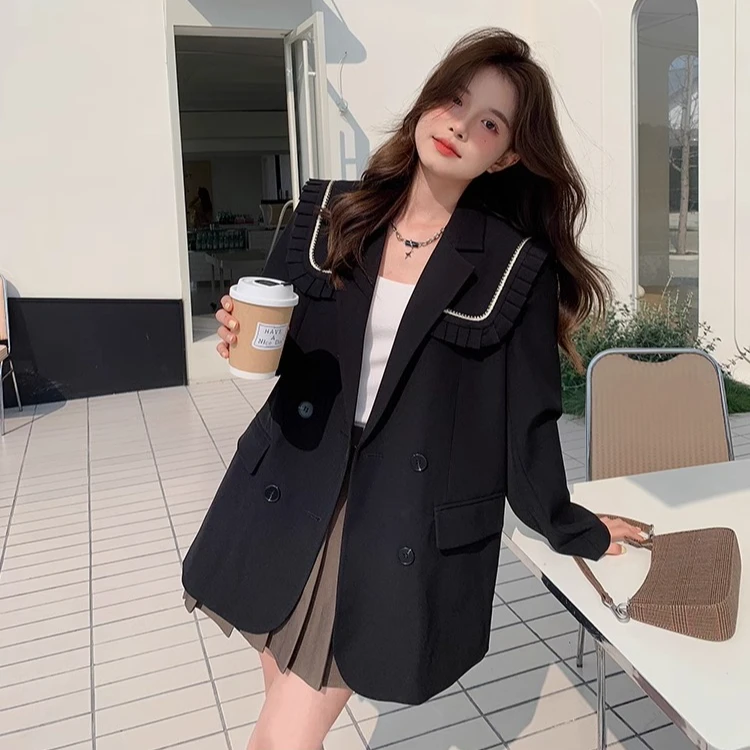 微胖女生宽松翻领西服外套加肥大码黑色显瘦休闲百搭长袖开衫上衣