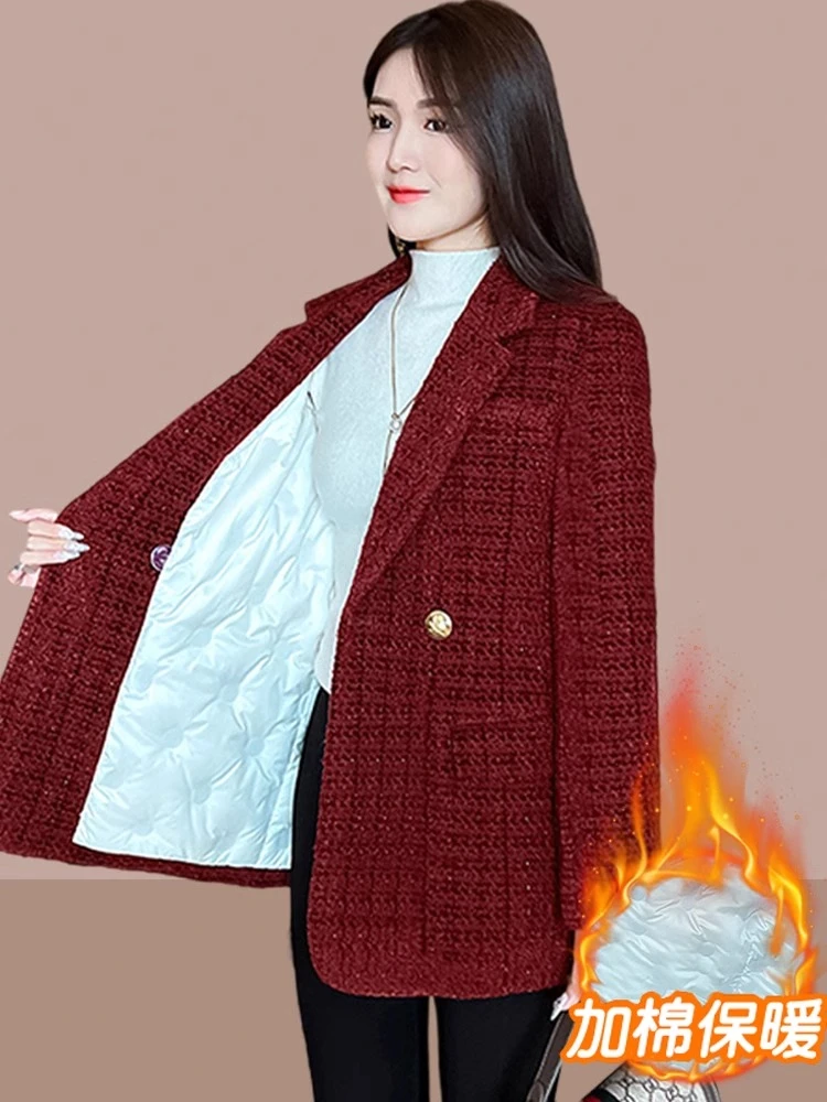 大码女装小香风轻奢减龄显瘦加棉加厚西装外套2023秋冬设计感西服