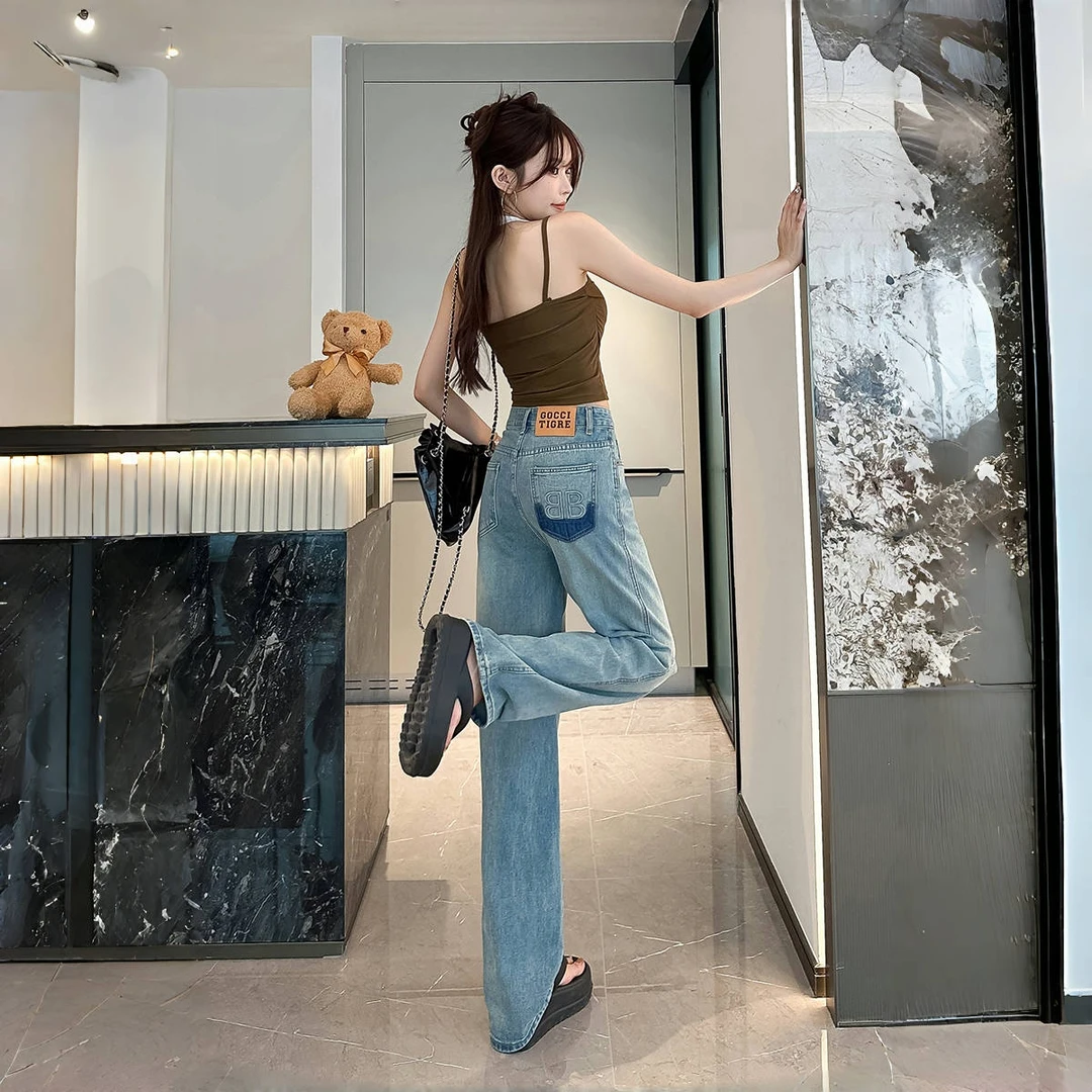 【门店199】湖水蓝时尚百搭休闲浅蓝直筒简约高腰阔腿窄版牛仔裤