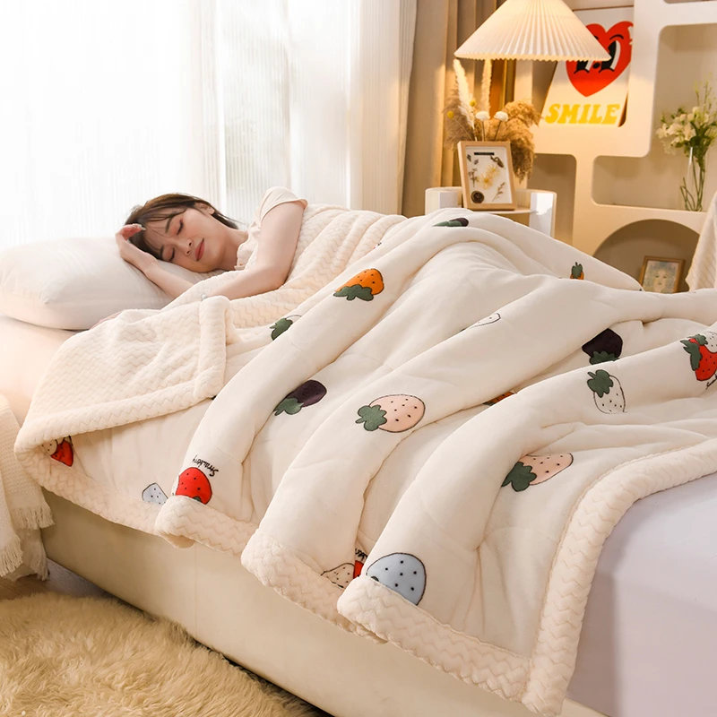 简约三层夹棉牛奶绒印花毛毯加厚绒沙发盖毯午睡小毯子儿童单双人