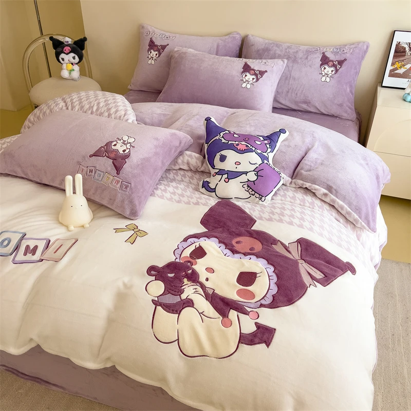 库洛米双面牛奶绒贴布绣四件套加厚法兰绒被套罩床笠单双人秋冬季