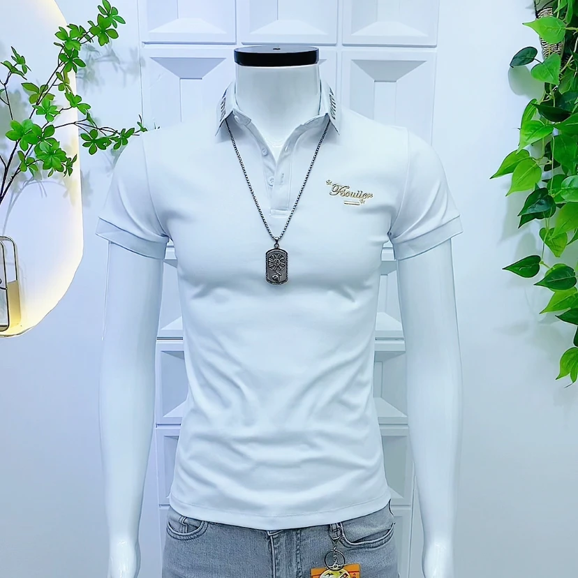 2025夏季新款男士休闲百搭POLO衫时尚修身显瘦韩版翻领半袖白色