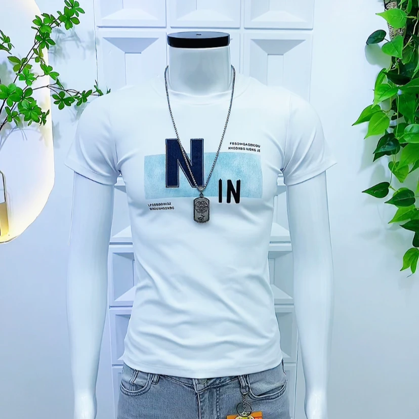 夏季新款时尚字母短袖T恤男士圆领潮流百搭显瘦修身弹力韩版白色