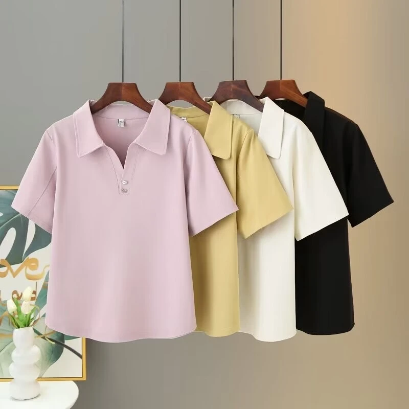 2025夏季新款大码洋气百搭休闲气质宽松显瘦遮肉纯色polo领短袖