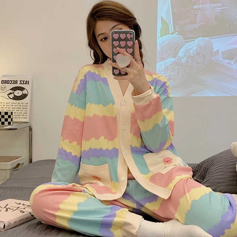 秋季新款 长袖长裤V领宽松睡衣 舒适可外穿薄款和服家居服套装