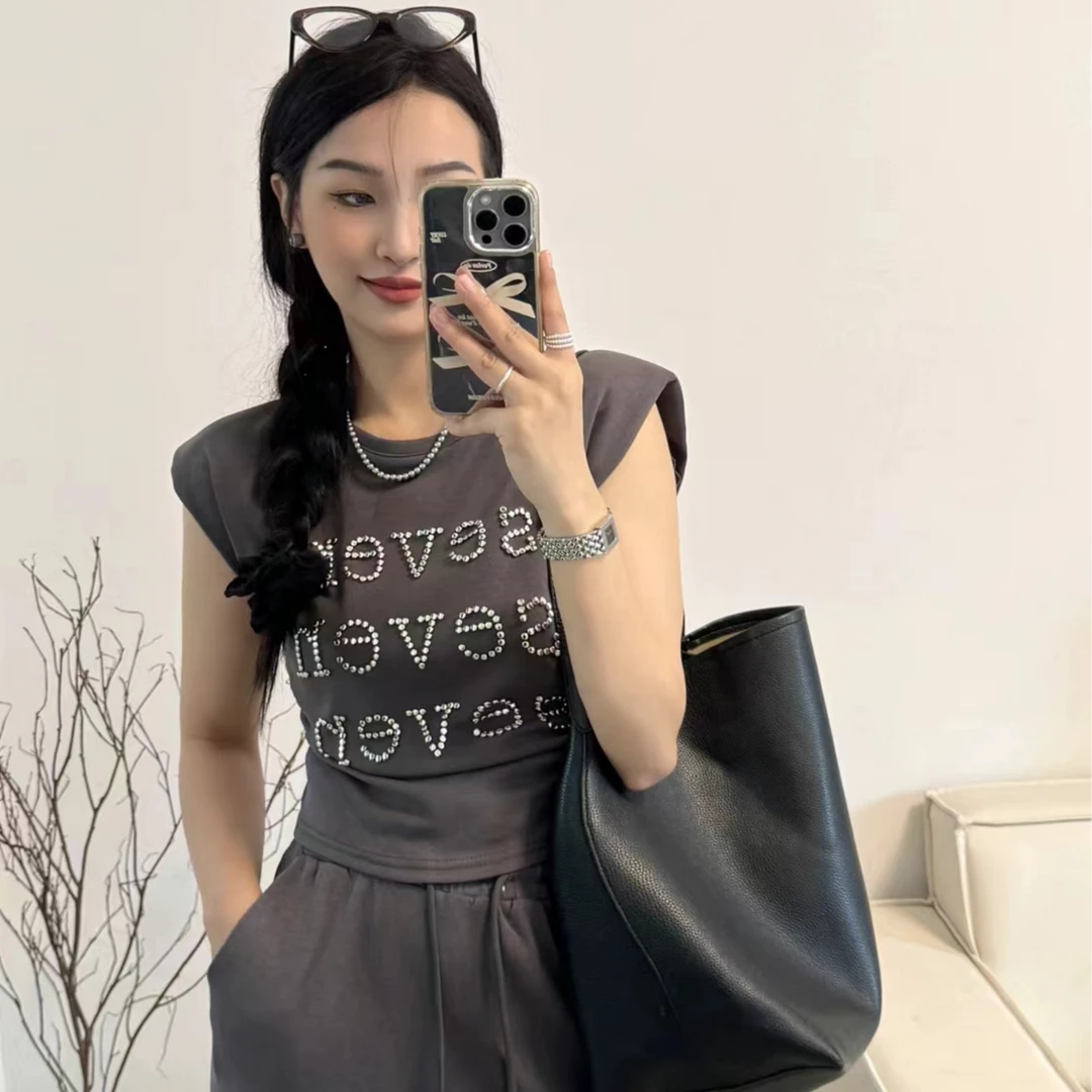 美式复古坎肩无袖套装 时尚辣妹T恤短款修身套装 小飞袖两件套