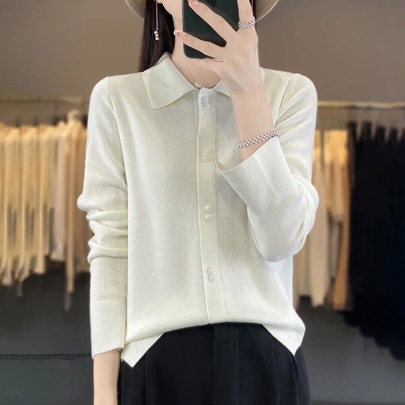 秋季新款精纺羊毛针织POLO领长袖内搭外传套头纯色百搭时尚洋气女