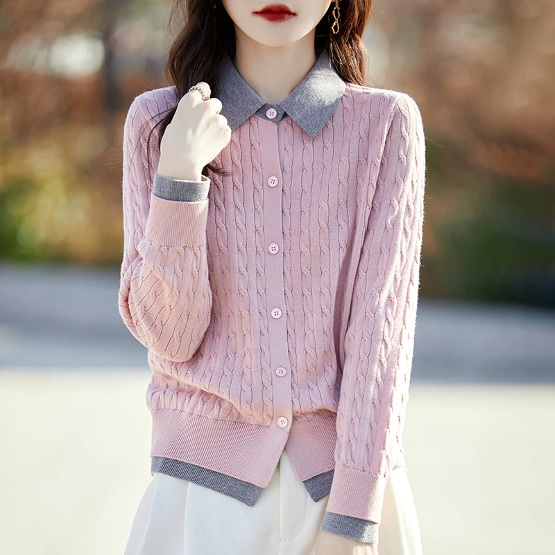 娃娃领拼色长袖毛衣假两件针织开衫女