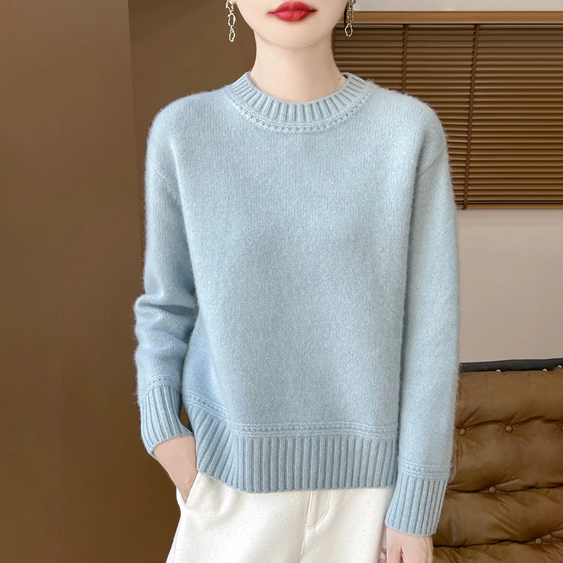 秋冬新款加厚圆领提花宽松简约纯色百搭套头打底针织长袖羊毛衫女