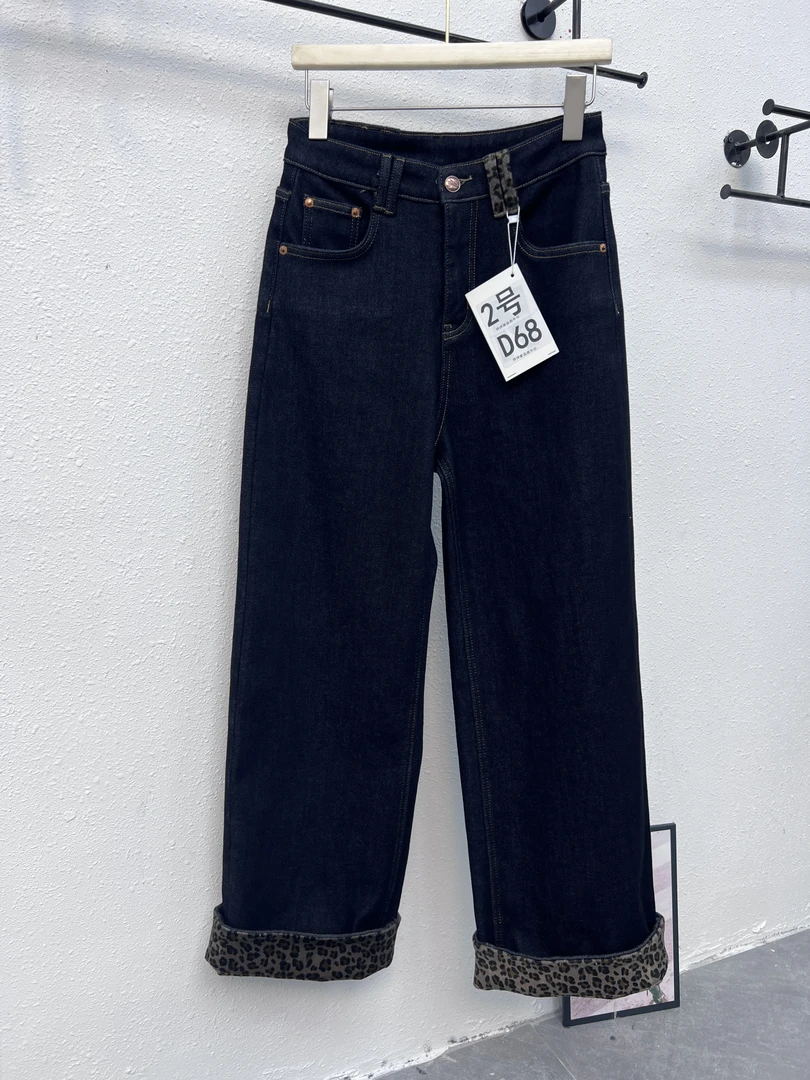 【A50】【宽边豹纹窄版阔腿裤】定制欧版显瘦豹纹水貂绒直筒牛仔裤女