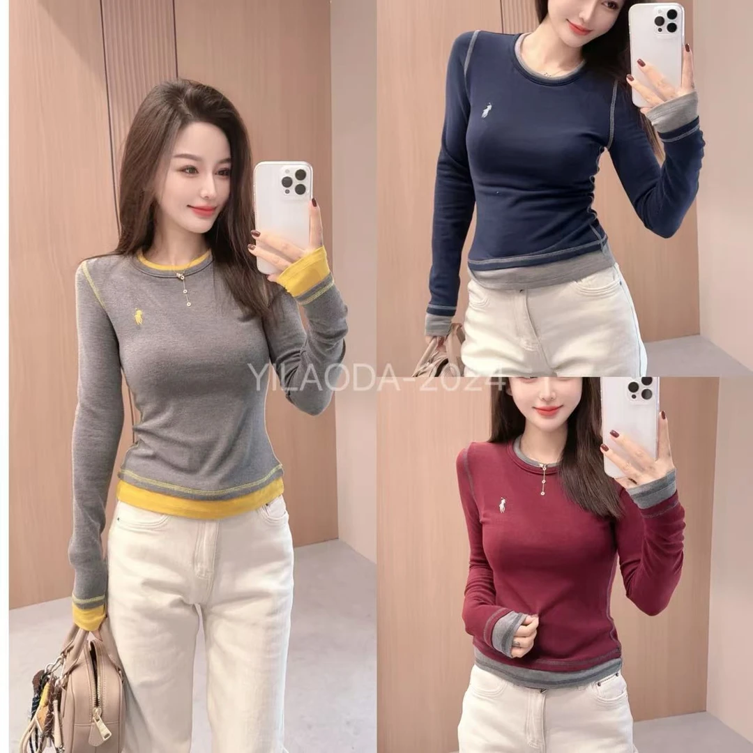 『YLD』撞色假两件重叠层次感搭配磨毛明线小马打底衫6036