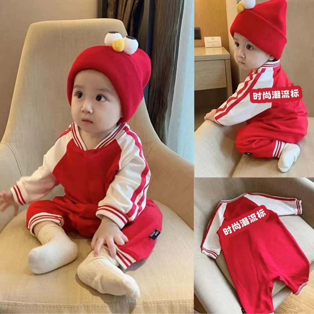 新款宝宝春秋款长袖全开袖子彩色织带连体外出服爬爬服幼儿婴儿