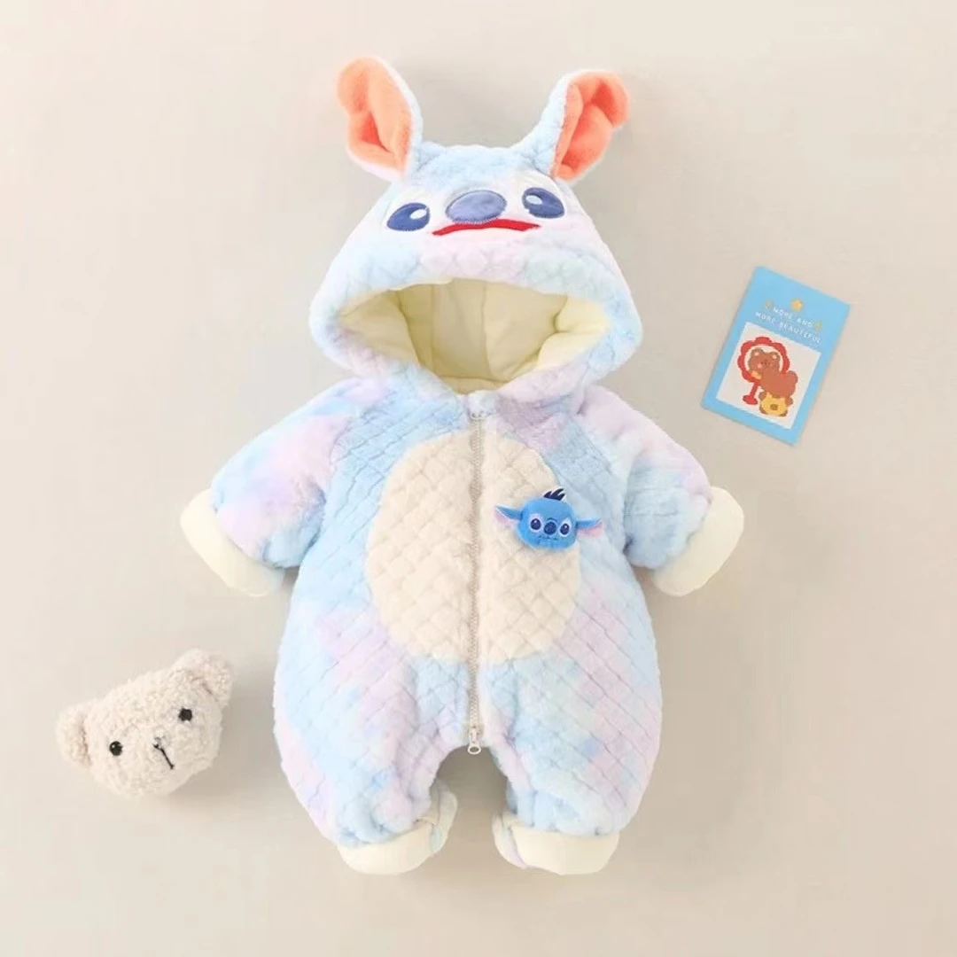 【潮】新款宝宝男女宝宝冬款双层加绒可爱呆萌史迪仔公仔连帽哈衣