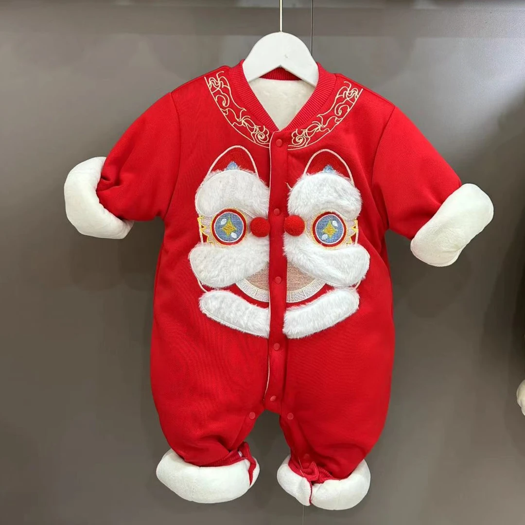 【潮】新款宝宝冬款加绒加棉纯红色喜庆呆萌醒狮拜年服