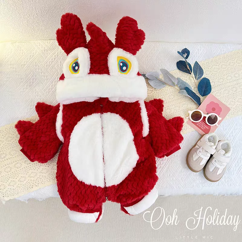 【加绒加棉】冬季新款男女宝喜庆假两件小尾巴醒狮连体哈衣爬爬服