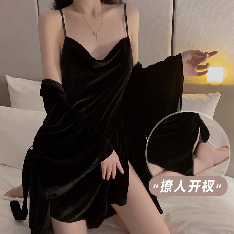 秋冬加厚法式吊带睡裙黑色纯欲性感睡衣约会可外穿抹胸长款睡袍女