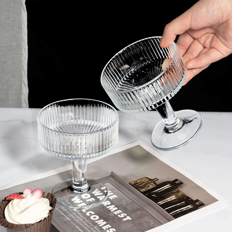 【两只装】省钱风家居网红玻璃杯冰淇淋杯创意简约条纹高脚碗