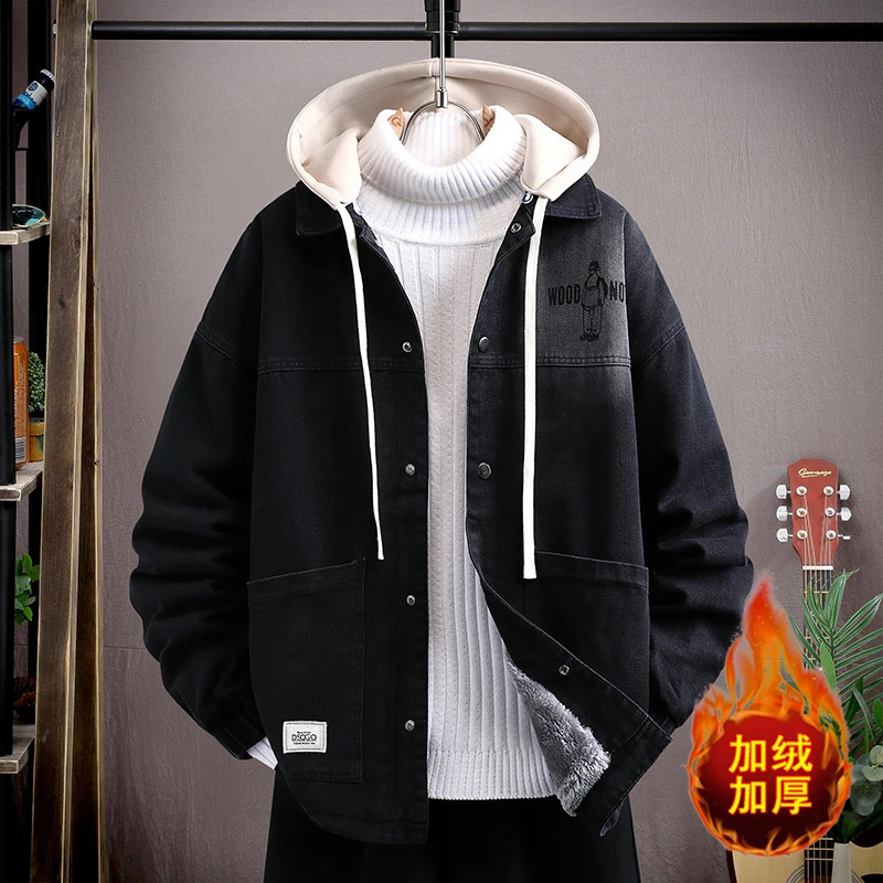 秋冬新款青少年百搭水洗牛仔夹克加绒加厚百搭假两件连帽防寒外套